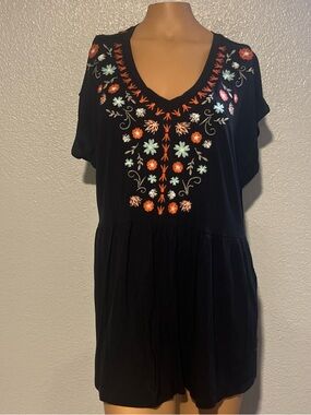 Style & Co. Black Top with Orange and Light Blue Floral Embroidery
